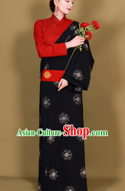 Traditional Chinese Zang Ethnic Black Guozhuang Dress Tibetan Minority Folk Dance Costume for Women