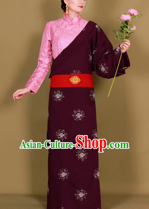 Traditional Chinese Zang Ethnic Purplish Red Guozhuang Dress Tibetan Minority Folk Dance Costume for Women