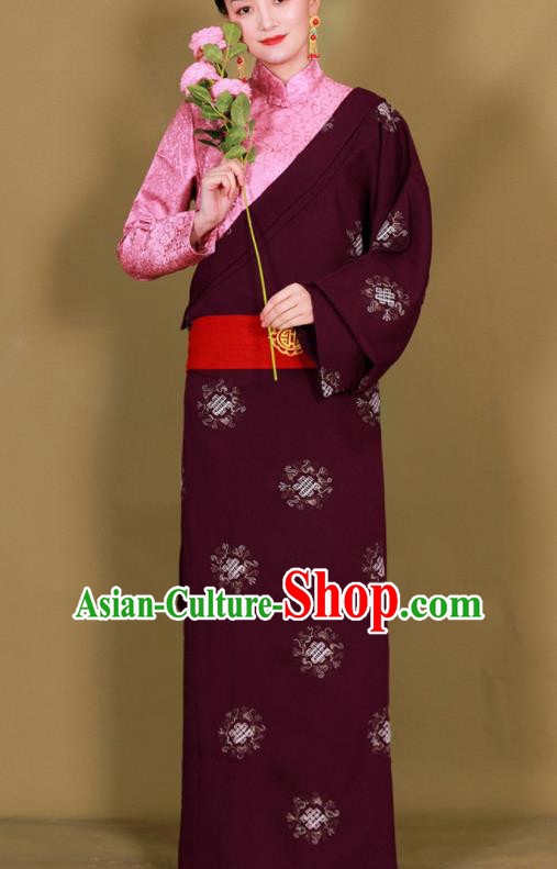 Traditional Chinese Zang Ethnic Purplish Red Guozhuang Dress Tibetan Minority Folk Dance Costume for Women
