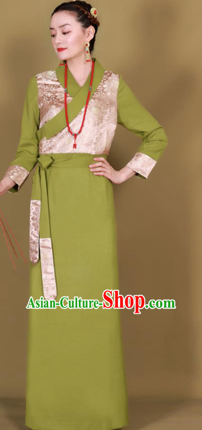 Traditional Chinese Zang Ethnic Kangba Green Dress Tibetan Minority Folk Dance Costume for Women