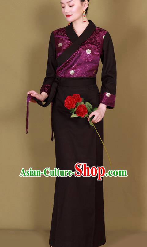 Traditional Chinese Zang Ethnic Kangba Purple Dress Tibetan Minority Folk Dance Costume for Women