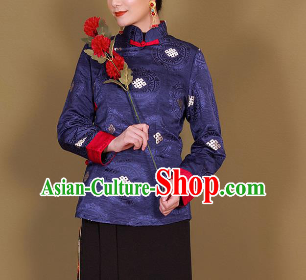 Traditional Chinese Zang Ethnic Royalblue Shirt Tibetan Minority Upper Outer Garment Costume for Women