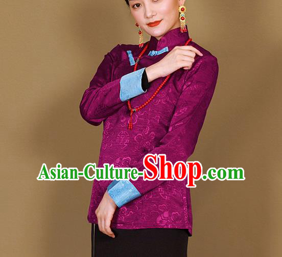 Traditional Chinese Zang Ethnic Purple Shirt Tibetan Minority Upper Outer Garment Costume for Women