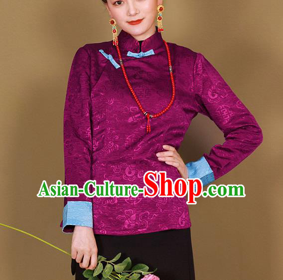 Traditional Chinese Zang Ethnic Purple Shirt Tibetan Minority Upper Outer Garment Costume for Women