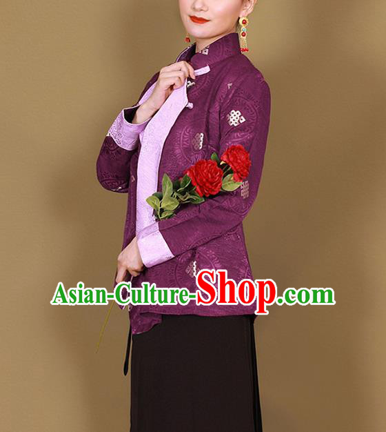 Traditional Chinese Zang Ethnic Deep Purple Shirt Tibetan Minority Upper Outer Garment Costume for Women