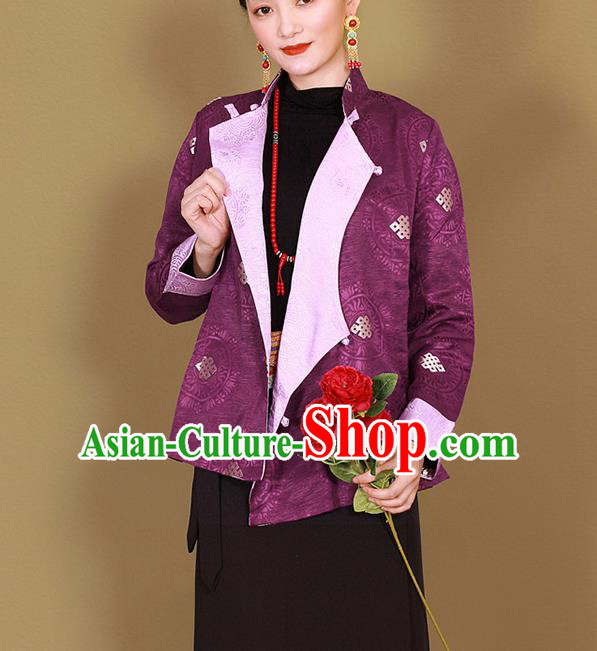 Traditional Chinese Zang Ethnic Deep Purple Shirt Tibetan Minority Upper Outer Garment Costume for Women
