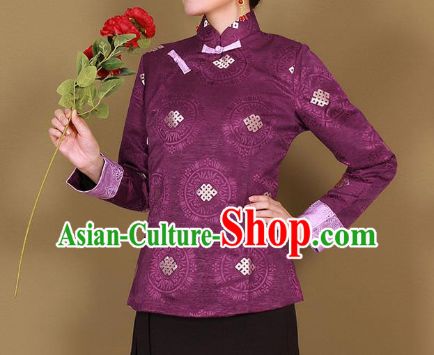 Traditional Chinese Zang Ethnic Deep Purple Shirt Tibetan Minority Upper Outer Garment Costume for Women