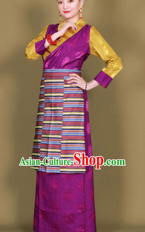 Traditional Chinese Zang Ethnic Kangba Purple Silk Dress Tibetan Minority Folk Dance Costume for Women