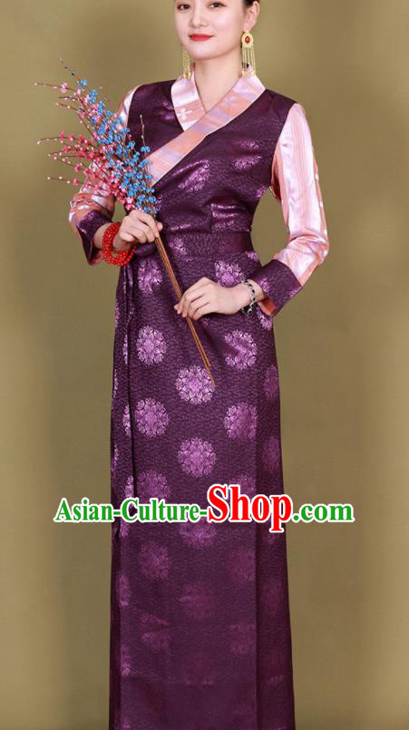 Traditional Chinese Zang Ethnic Kangba Purple Silk Dress Tibetan Minority Folk Dance Costume for Women