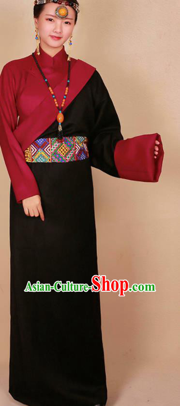 Traditional Chinese Zang Ethnic Guozhuang Black Robe Tibetan Minority Folk Dance Costume for Women