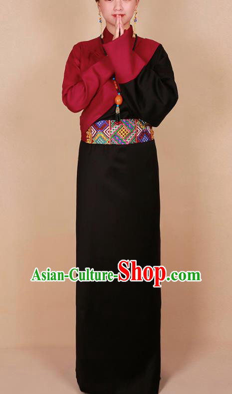 Traditional Chinese Zang Ethnic Guozhuang Black Robe Tibetan Minority Folk Dance Costume for Women