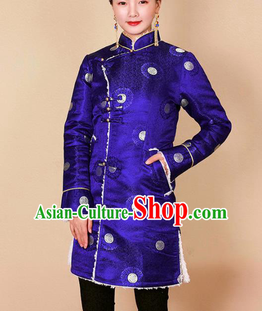 Traditional Chinese Zang Ethnic Royalblue Cotton Padded Jacket Tibetan Minority Upper Outer Garment Winter Costume for Women