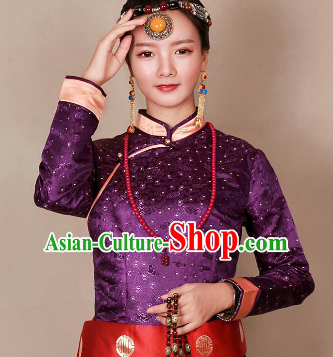 Traditional Chinese Zang Ethnic Purple Blouse Tibetan Minority Upper Outer Garment Costume for Women