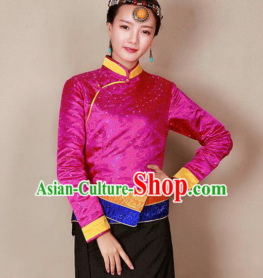 Traditional Chinese Zang Ethnic Rosy Blouse Tibetan Minority Upper Outer Garment Costume for Women