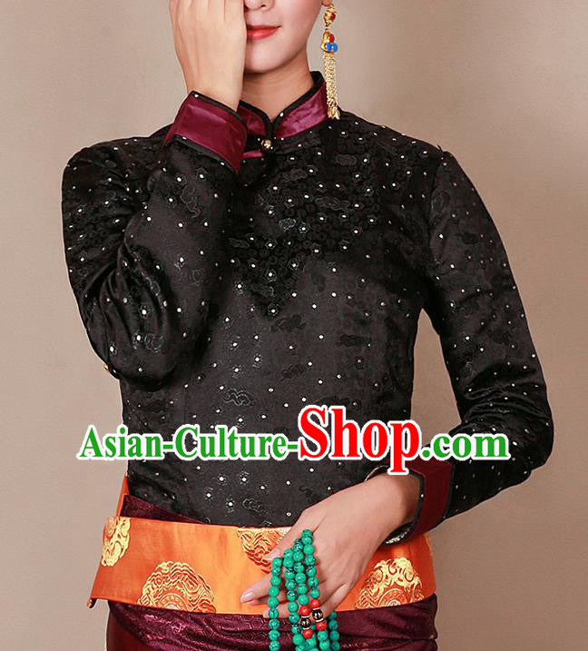 Traditional Chinese Zang Ethnic Black Blouse Tibetan Minority Upper Outer Garment Costume for Women