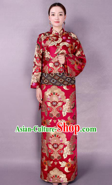 Traditional Chinese Zang Ethnic Folk Dance Red Robe Tibetan Minority Wedding Costume for Women