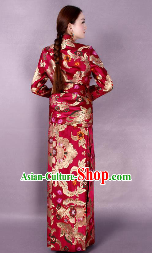 Traditional Chinese Zang Ethnic Folk Dance Red Robe Tibetan Minority Wedding Costume for Women