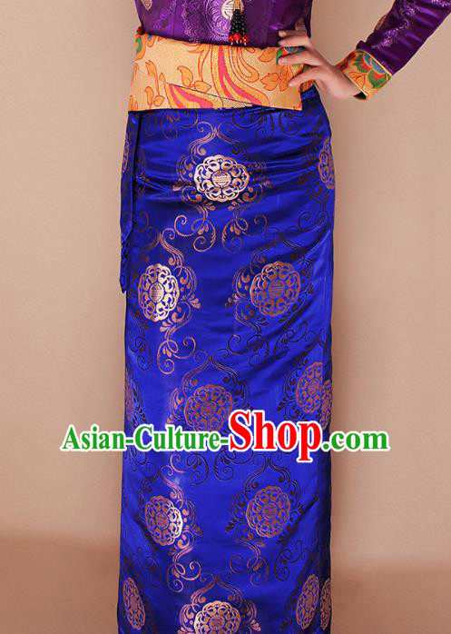 Traditional Chinese Zang Ethnic Royalblue Brocade Skirt Tibetan Minority Folk Dance Costume for Women