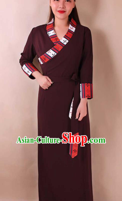 Traditional Chinese Zang Ethnic Purplish Red Dress Tibetan Minority Folk Dance Costume for Women