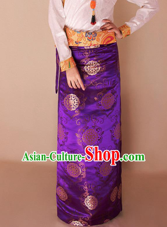 Traditional Chinese Zang Ethnic Purple Brocade Skirt Tibetan Minority Folk Dance Costume for Women