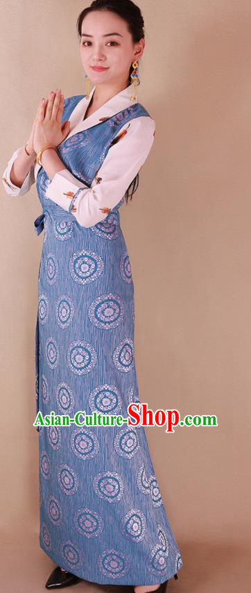 Traditional Chinese Zang Ethnic Blue Silk Dress Tibetan Minority Folk Dance Costume for Women