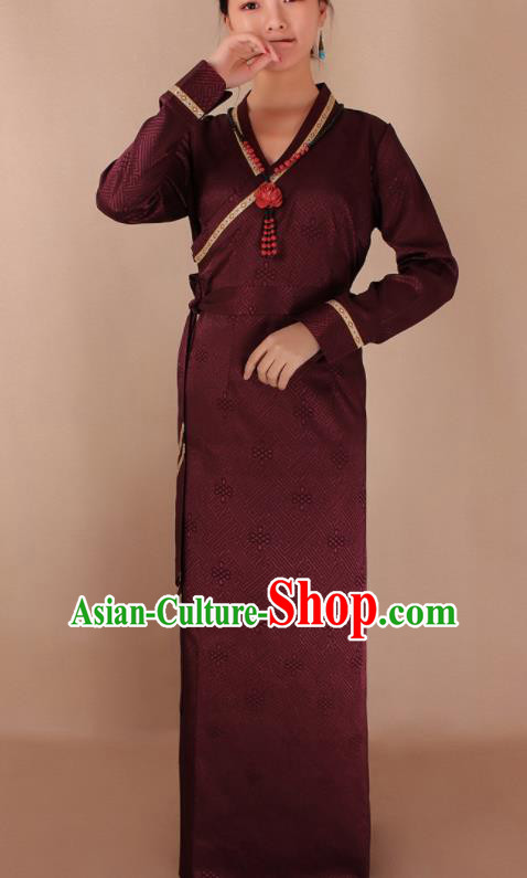 Traditional Chinese Zang Ethnic Dark Red Dress Tibetan Minority Folk Dance Costume for Women