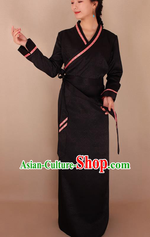 Traditional Chinese Zang Ethnic Black Dress Tibetan Minority Folk Dance Costume for Women