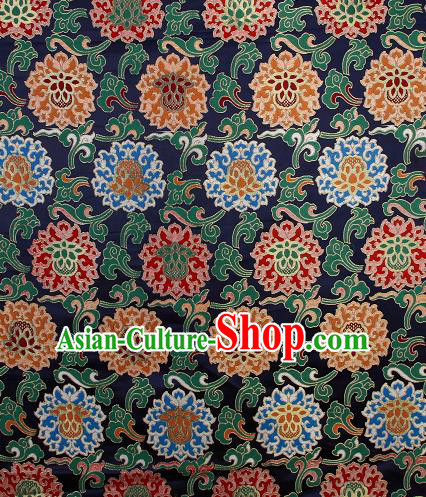 Asian Chinese Traditional Buddhism Lotus Pattern Navy Brocade Tibetan Robe Satin Fabric Silk Material