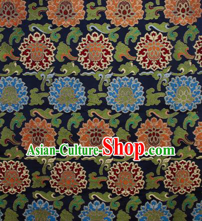 Asian Chinese Traditional Buddhism Auspicious Lotus Pattern Navy Brocade Tibetan Robe Satin Fabric Silk Material