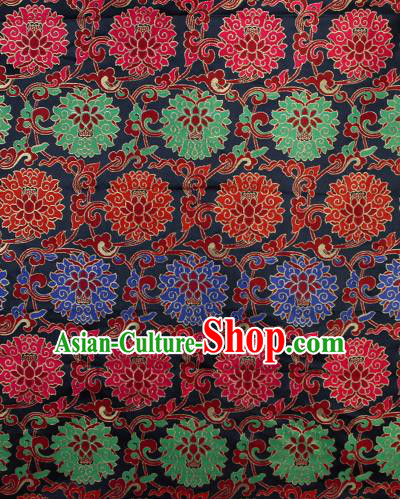 Asian Chinese Traditional Buddhism Auspicious Lotus Pattern Black Brocade Tibetan Robe Satin Fabric Silk Material