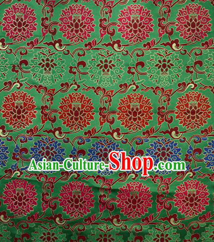 Asian Chinese Traditional Colorful Lotus Pattern Green Brocade Tibetan Robe Satin Fabric Silk Material