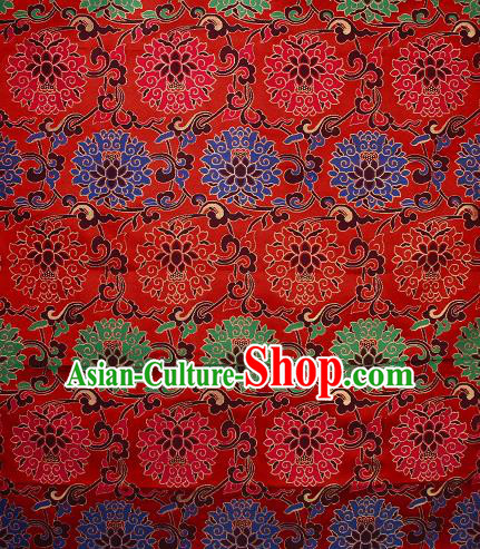 Asian Chinese Traditional Colorful Lotus Pattern Red Brocade Tibetan Robe Satin Fabric Silk Material