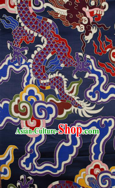 Asian Chinese Traditional Colorful Cloud Dragon Pattern Navy Brocade Tibetan Robe Satin Fabric Silk Material