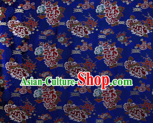 Asian Chinese Traditional Peony Plum Pattern Royalblue Brocade Tibetan Robe Satin Fabric Silk Material