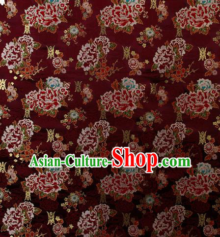 Asian Chinese Traditional Peony Plum Pattern Ruby Red Brocade Tibetan Robe Satin Fabric Silk Material