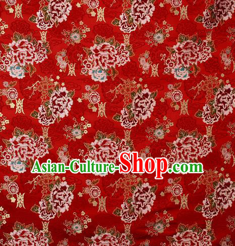 Asian Chinese Traditional Peony Plum Pattern Red Brocade Tibetan Robe Satin Fabric Silk Material