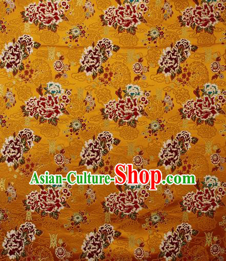 Asian Chinese Traditional Peony Plum Pattern Golden Brocade Tibetan Robe Satin Fabric Silk Material