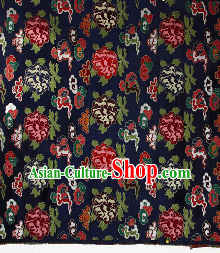 Asian Chinese Traditional Cloud Peony Pattern Navy Brocade Tibetan Robe Satin Fabric Silk Material