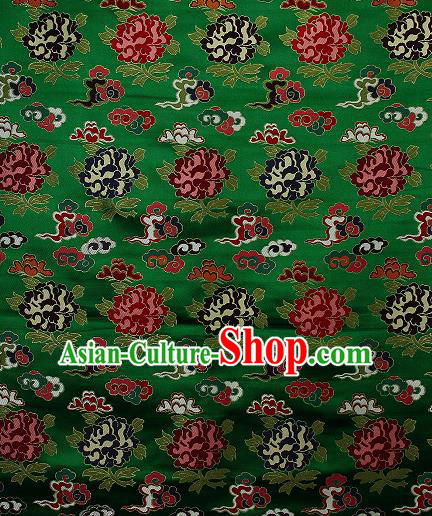 Asian Chinese Traditional Cloud Peony Pattern Green Brocade Tibetan Robe Satin Fabric Silk Material