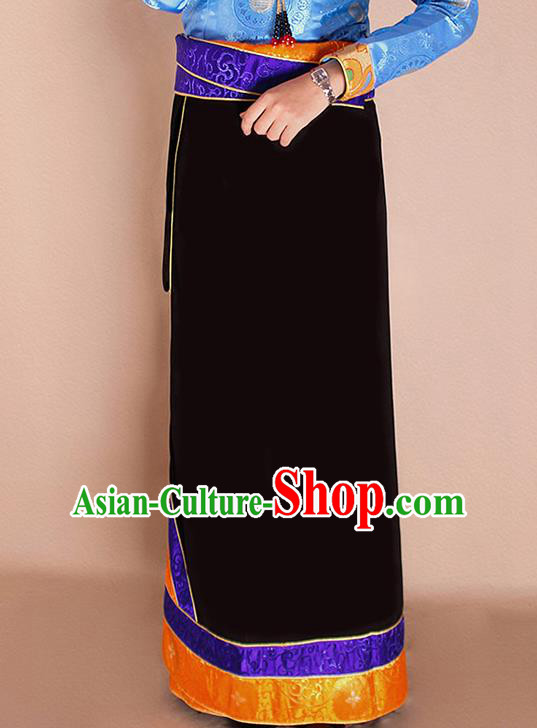 Traditional Chinese Zang Ethnic Black Bhutan Skirt Tibetan Minority Folk Dance Costume for Women