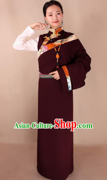 Traditional Chinese Zang Ethnic Dark Red Kangba Robe Tibetan Minority Folk Dance Costume for Women