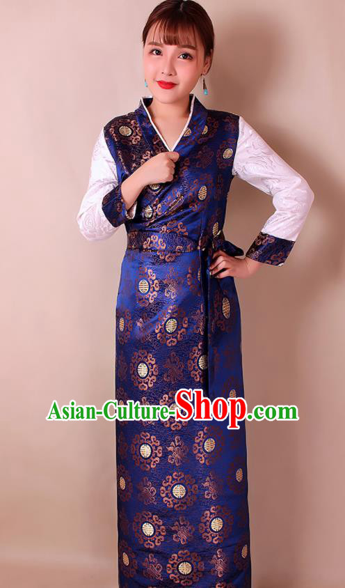 Traditional Chinese Zang Ethnic Royalblue Brocade Bora Dress Tibetan Minority Folk Dance Costume for Women