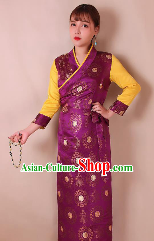 Traditional Chinese Zang Ethnic Purple Brocade Bora Dress Tibetan Minority Folk Dance Costume for Women
