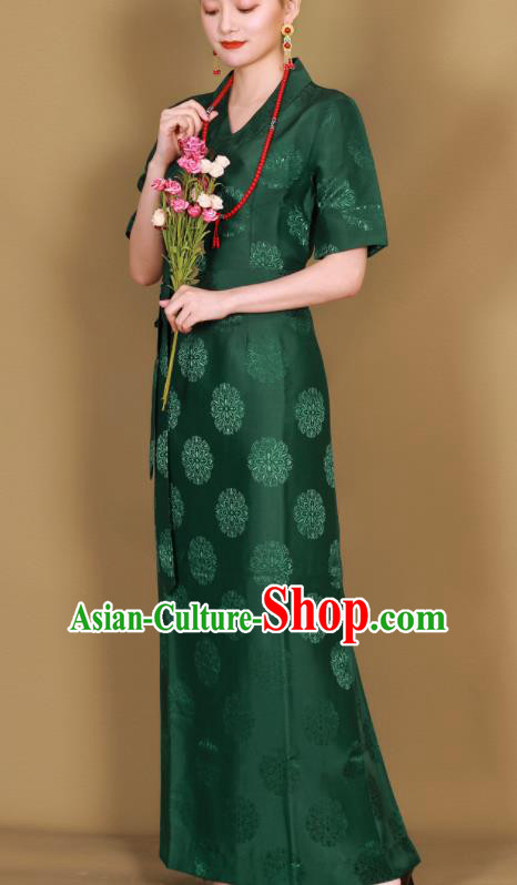 Traditional Chinese Zang Ethnic Green Guozhuang Dress Tibetan Minority Folk Dance Costume for Women