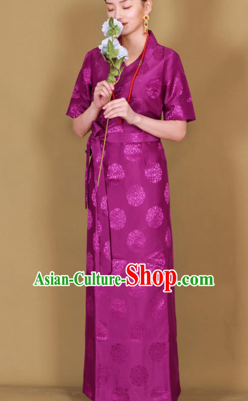 Traditional Chinese Zang Ethnic Purple Guozhuang Dress Tibetan Minority Folk Dance Costume for Women