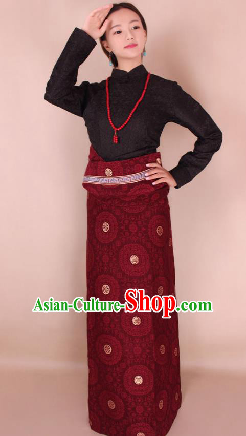 Traditional Chinese Zang Ethnic Guozhuang Purplish Red Robe Tibetan Minority Folk Dance Costume for Women
