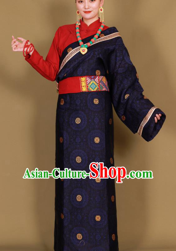 Traditional Chinese Zang Ethnic Guozhuang Navy Robe Tibetan Minority Folk Dance Costume for Women