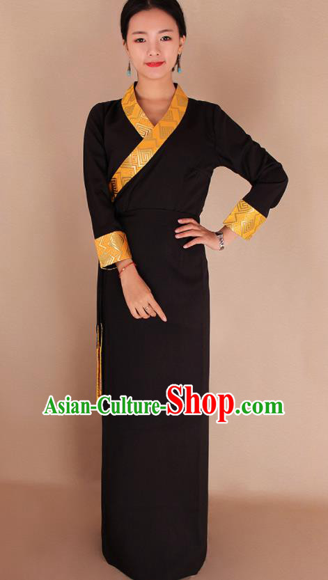 Traditional Chinese Zang Ethnic Kangba Black Dress Tibetan Minority Folk Dance Costume for Women