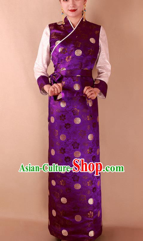 Traditional Chinese Zang Ethnic Purple Brocade Dress Tibetan Minority Kangba Folk Dance Costume for Women