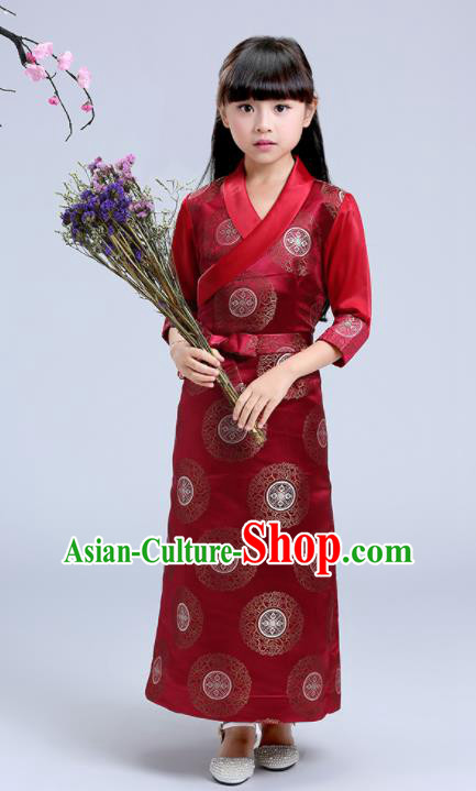 Traditional Chinese Zang Ethnic Girls Wine Red Dress Tibetan Minority Folk Dance Costume for Kids